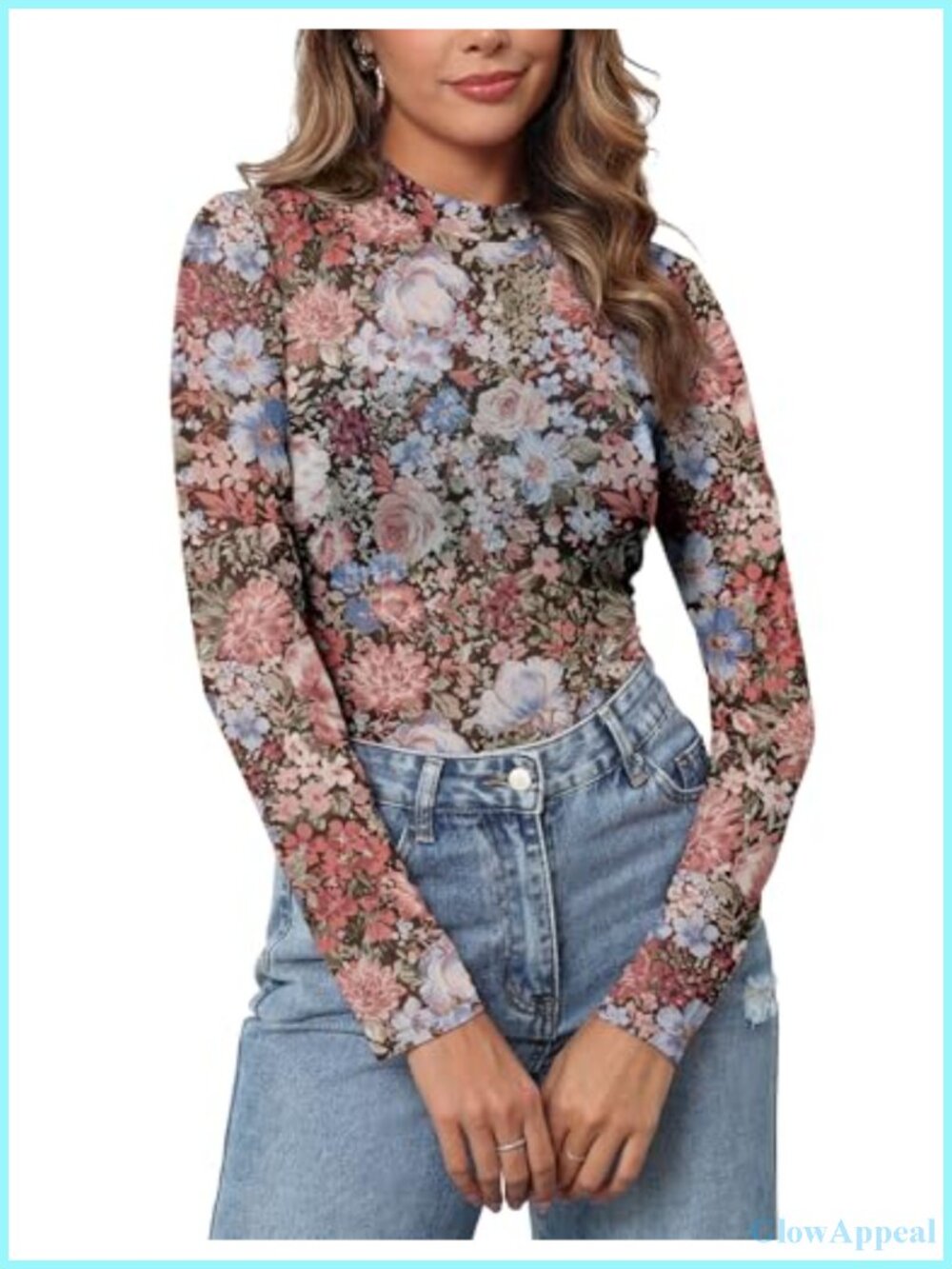 Womens Mesh Floral Long Sleeve Mock Neck Sheer Blouse Layering Top